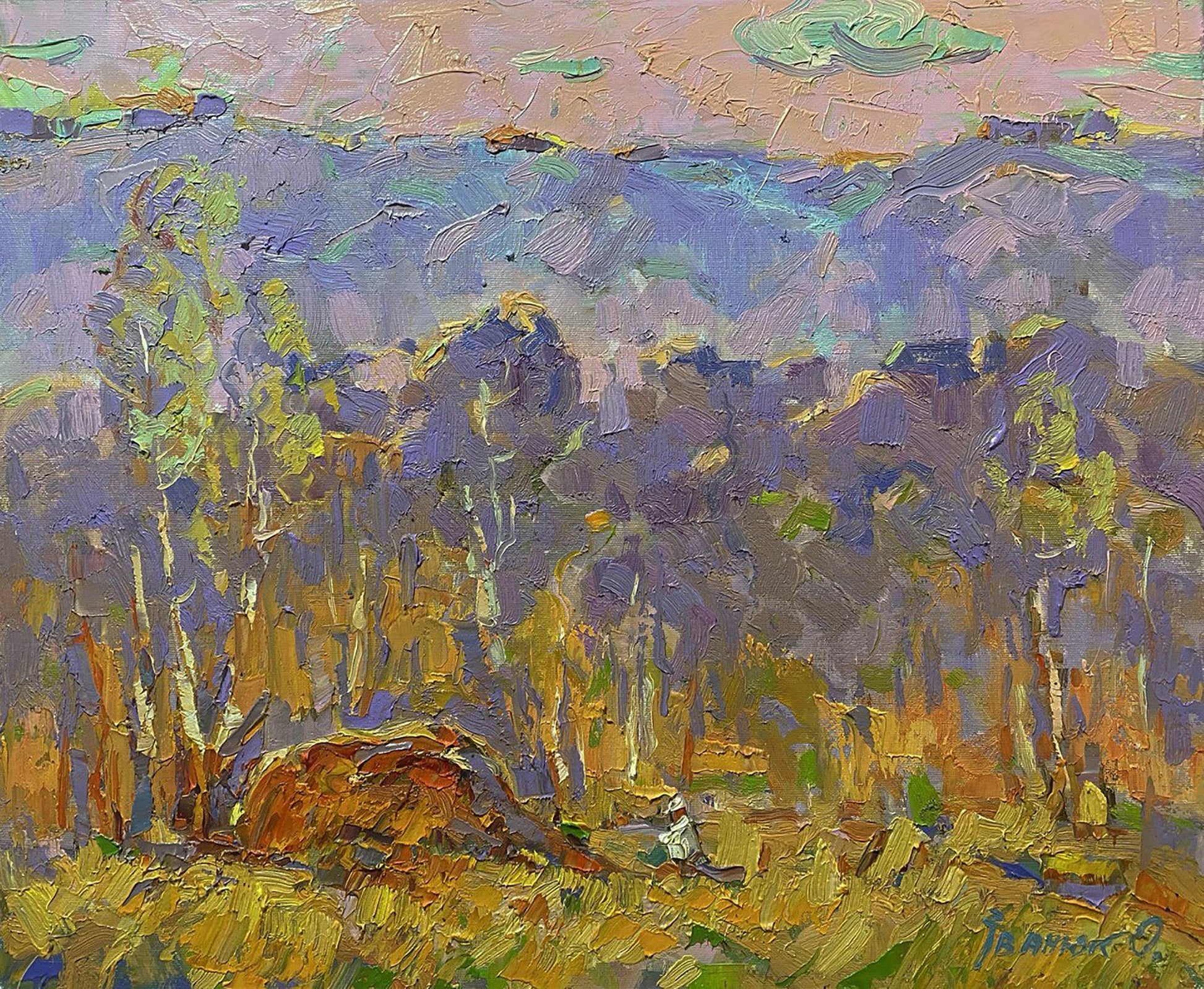 Oil painting Autumn is far away by Oleksiy Ivanyuk: impressionist forested hillside