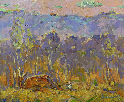 Oil painting Autumn is far away by Oleksiy Ivanyuk: impressionist forested hillside