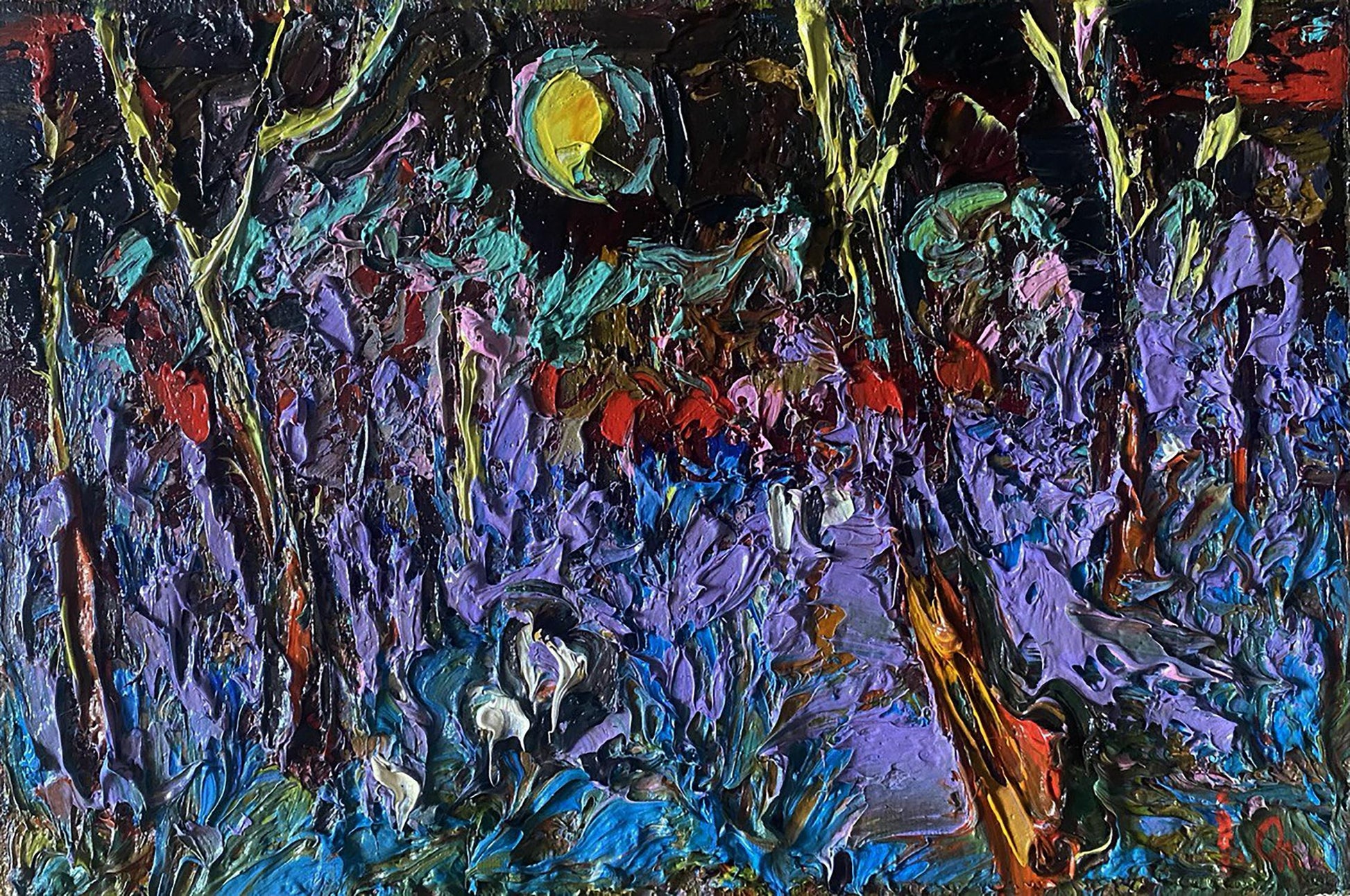 Vibrant oil painting Moonlit night by Oleksiy Ivanyuk with colorful flowers under yellow moon