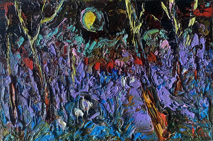 Vibrant oil painting Moonlit night by Oleksiy Ivanyuk with colorful flowers under yellow moon
