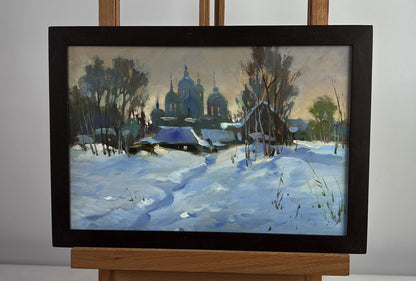 Oil painting View of the monastery in the evening by Yuriy Suprunchuk, framed winter landscape