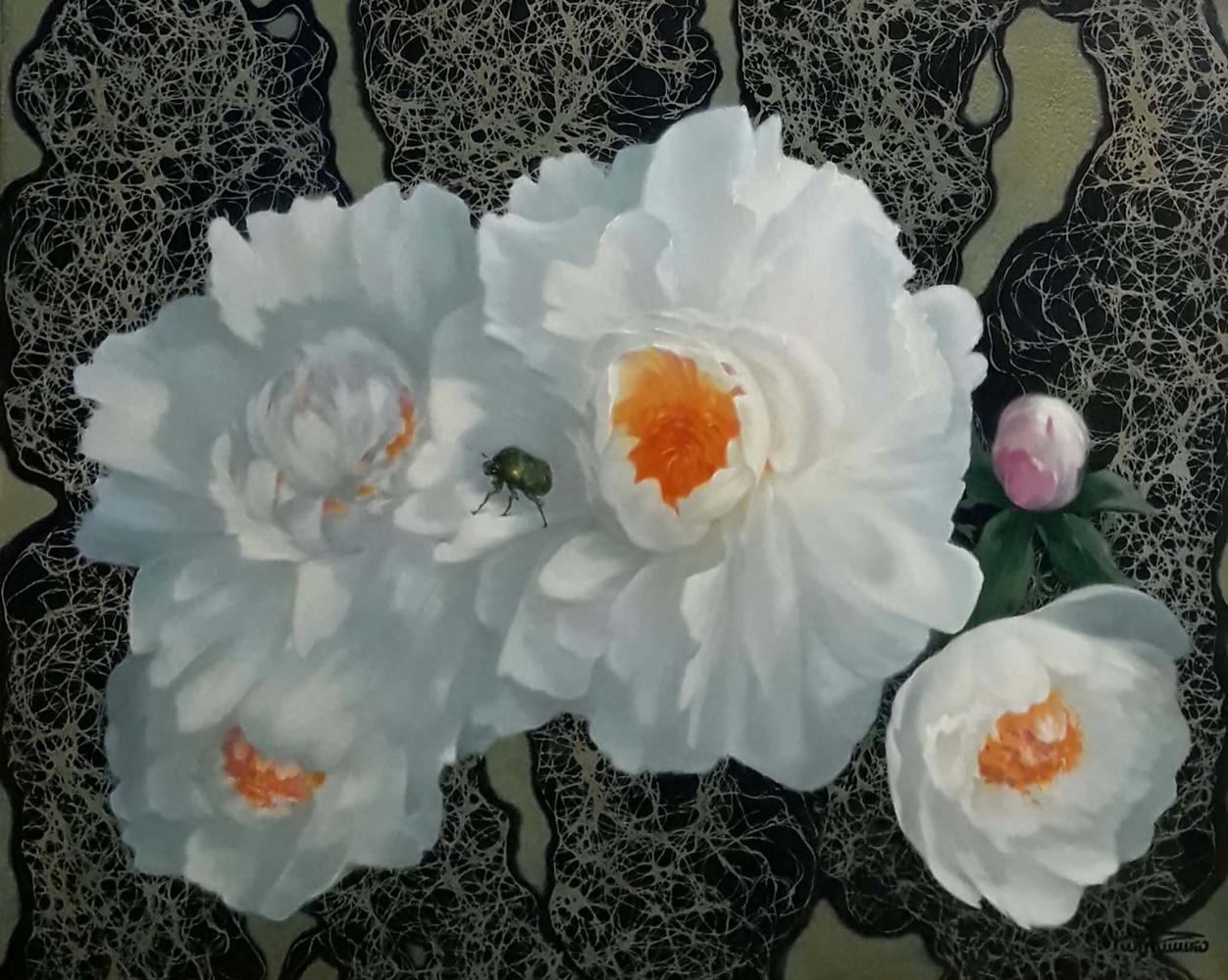 Oil painting of white peonies with orange centers by Vasily Korkishko
