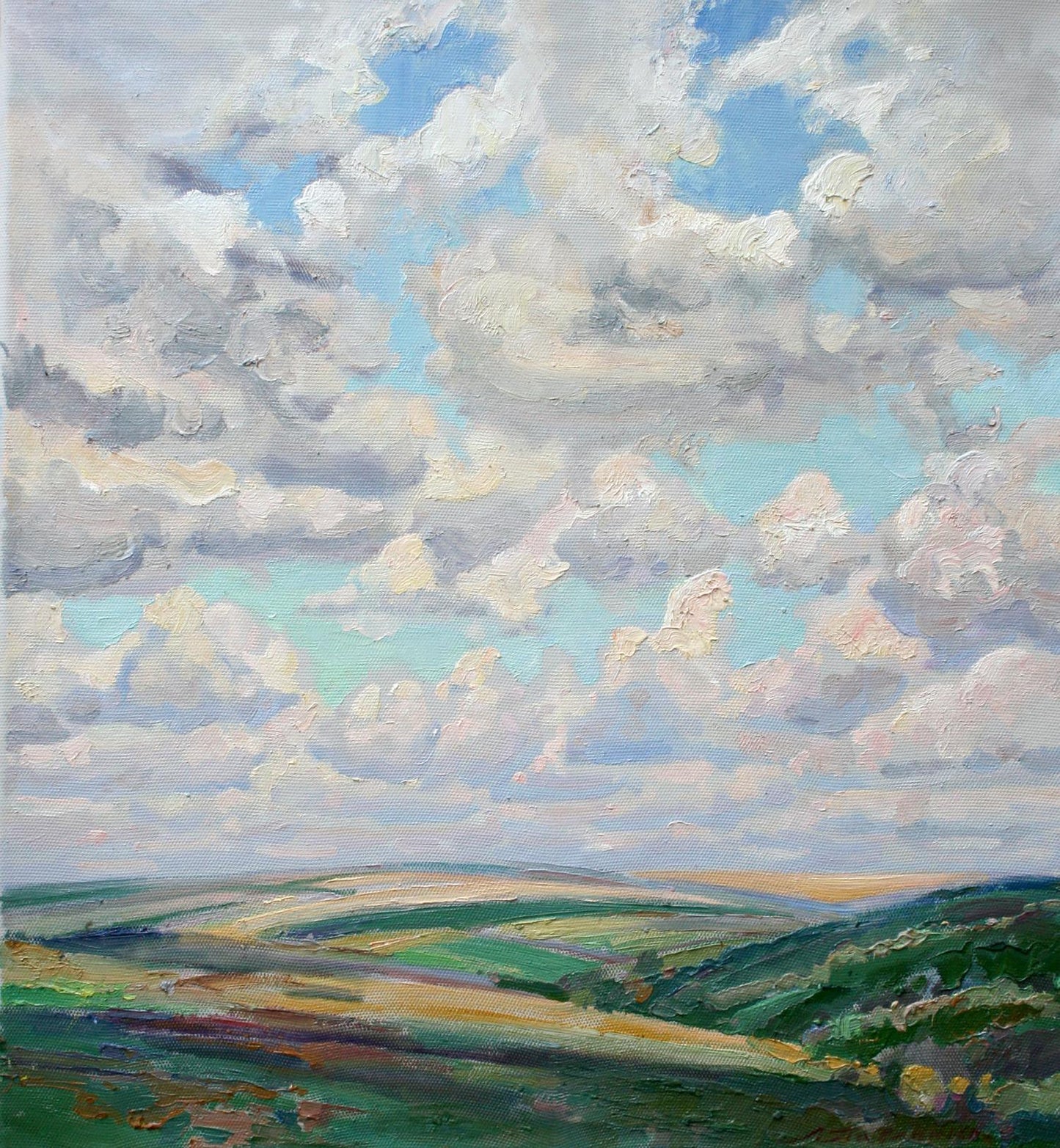 Oil painting In the fields by Leonid Pavlenko: green landscape under cloudy sky