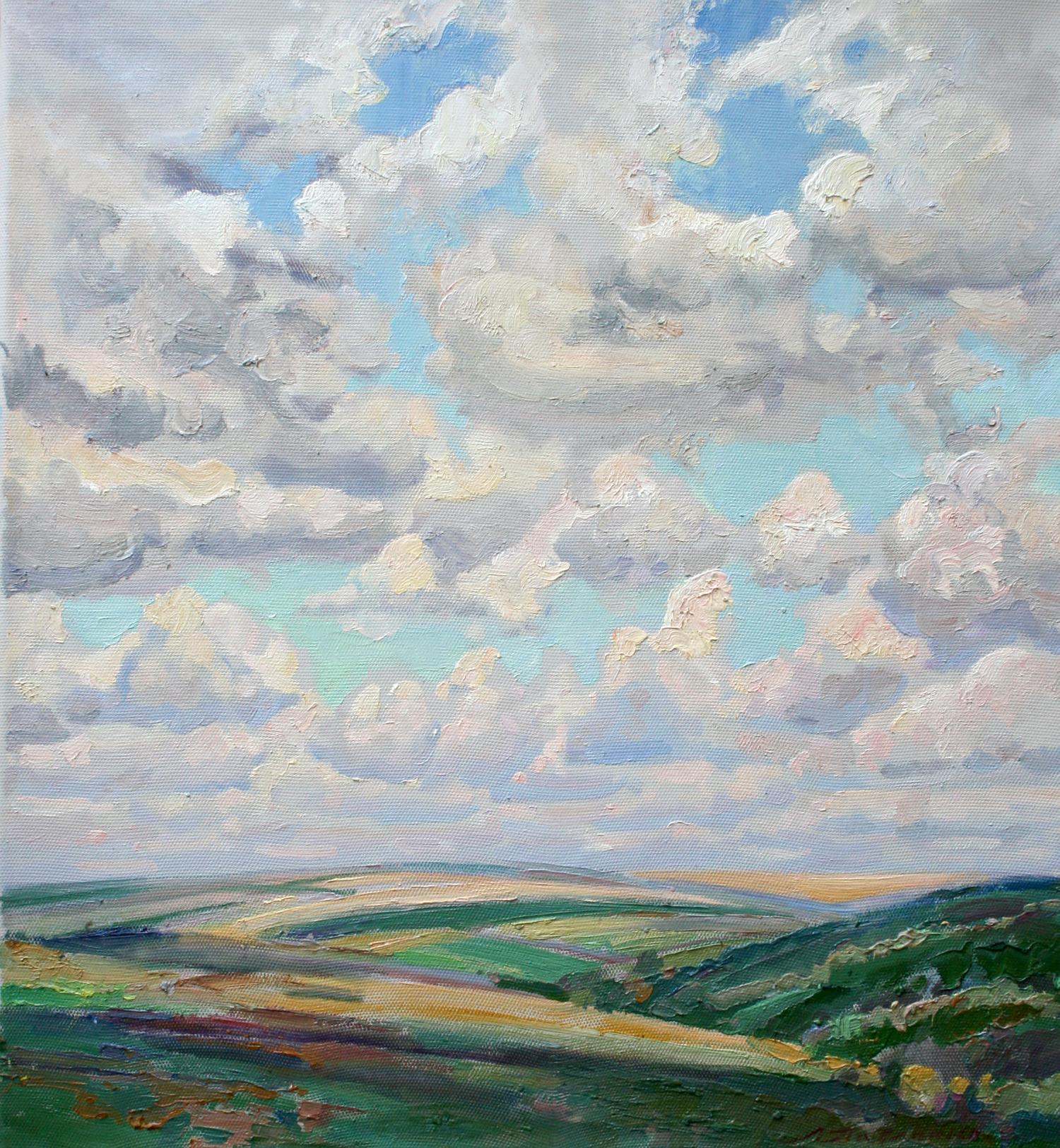Oil painting In the fields by Leonid Pavlenko: green landscape under cloudy sky