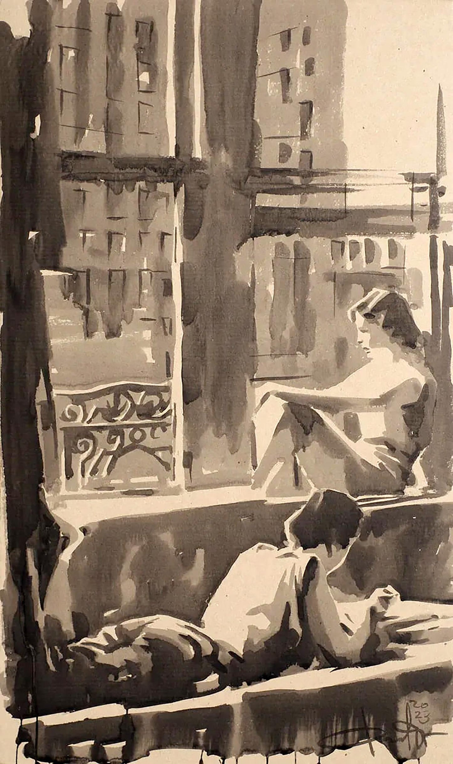 Sepia watercolor Ink painting Forgotten Pleasures by Dima Filatov