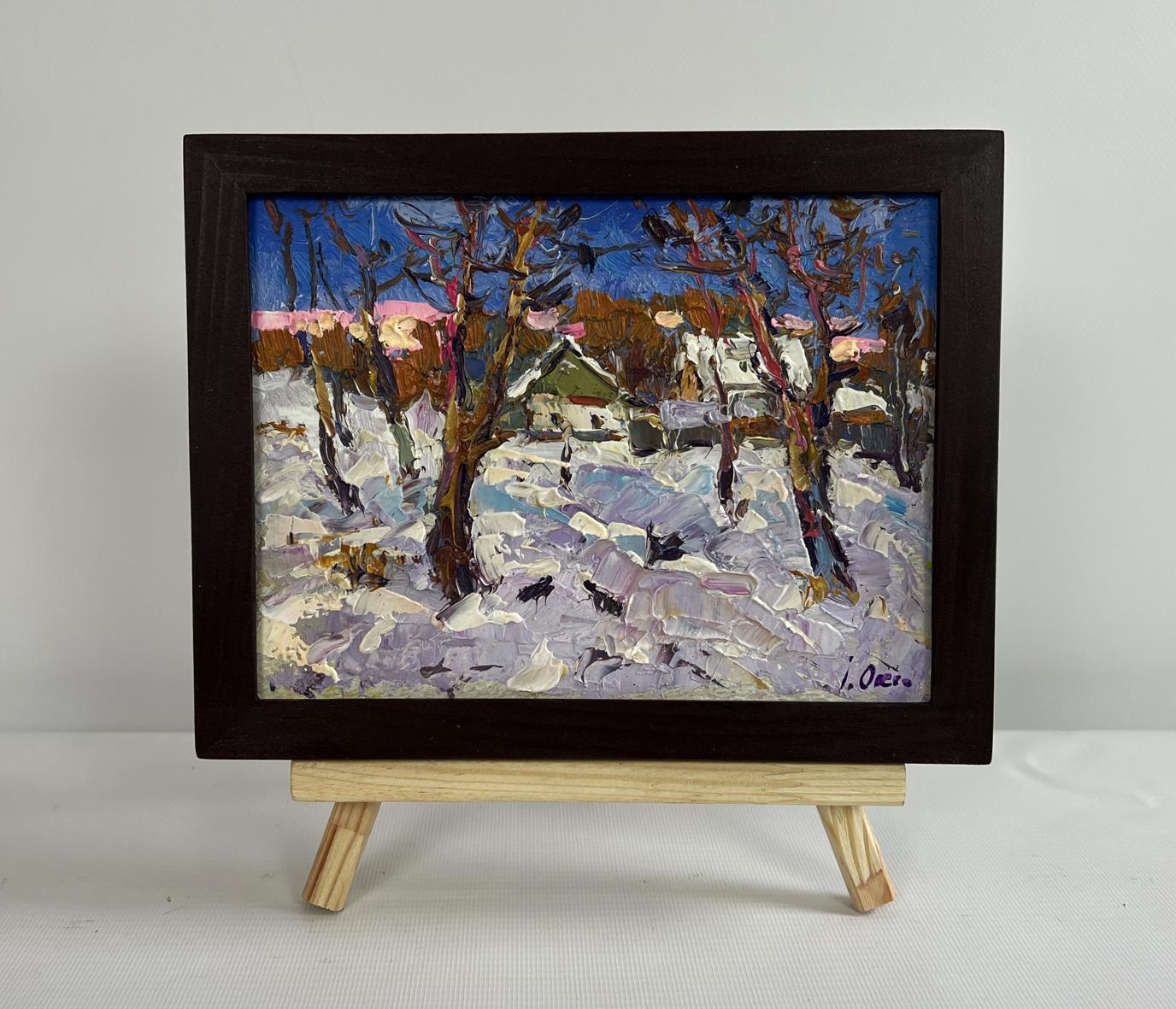 Oil painting Crows in the trees by Oksana Ivanyuk snowy village scene