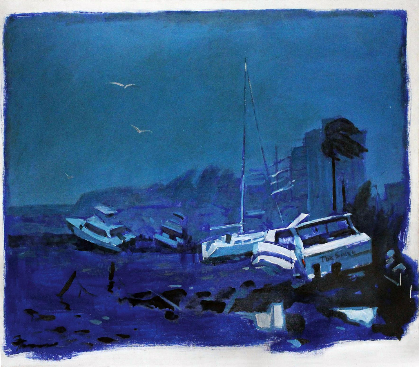 Oil painting ENDRY Ed Potapenkov: stylized blue boats on dark shoreline under indigo sky