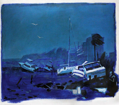 Oil painting ENDRY Ed Potapenkov: stylized blue boats on dark shoreline under indigo sky