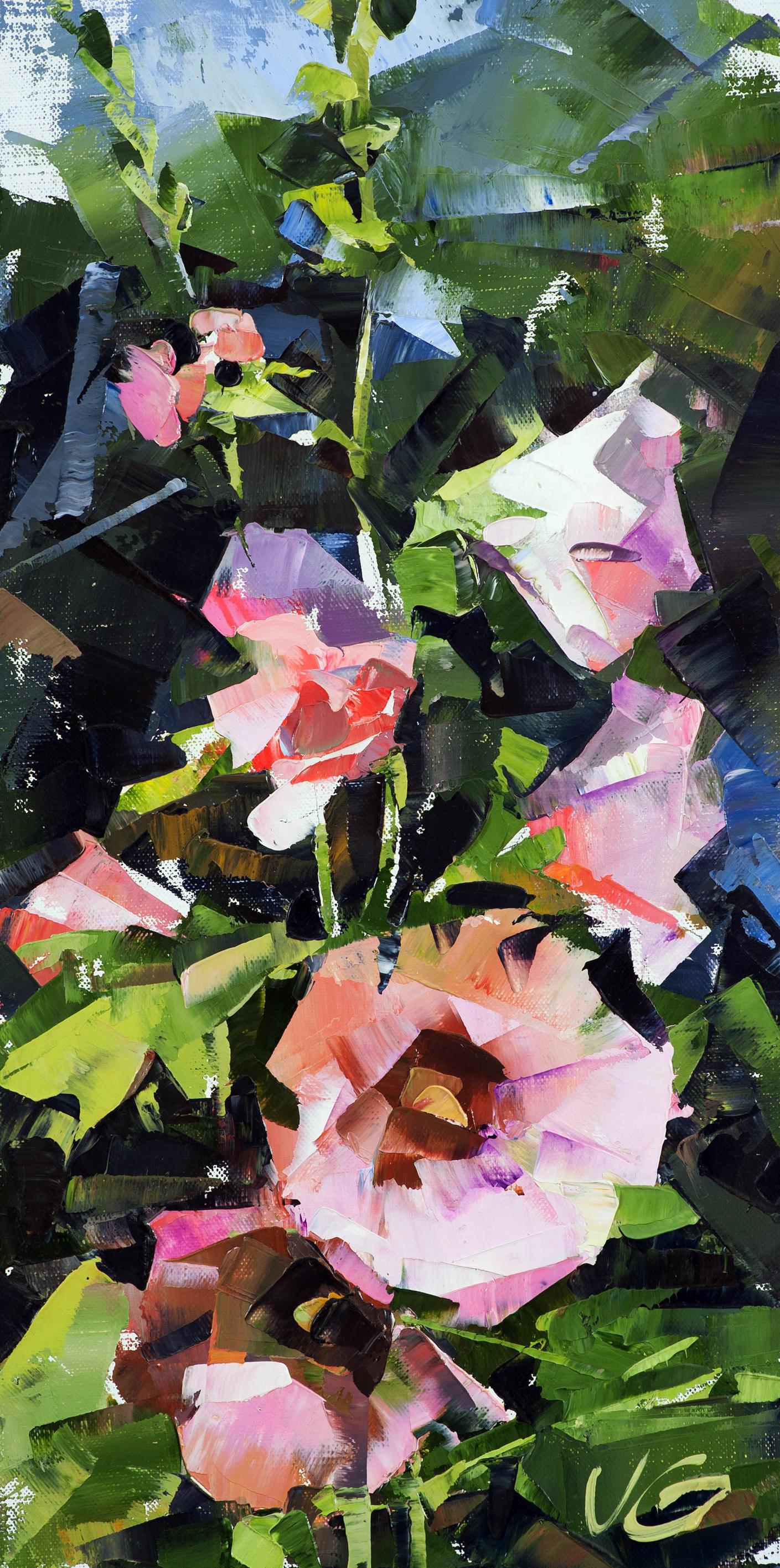 Oil painting Pink flowers Volodymyr Gluhomanyuk vibrant pink white flowers green leaves