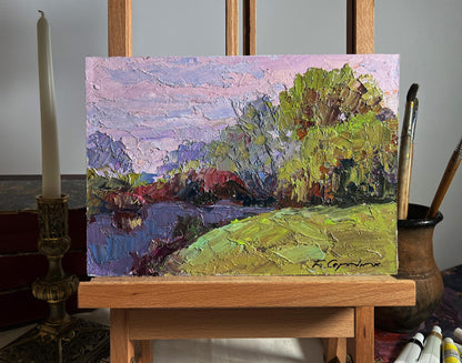 Oil painting Hot August Day by Boris Serdyuk, vibrant green purple landscape