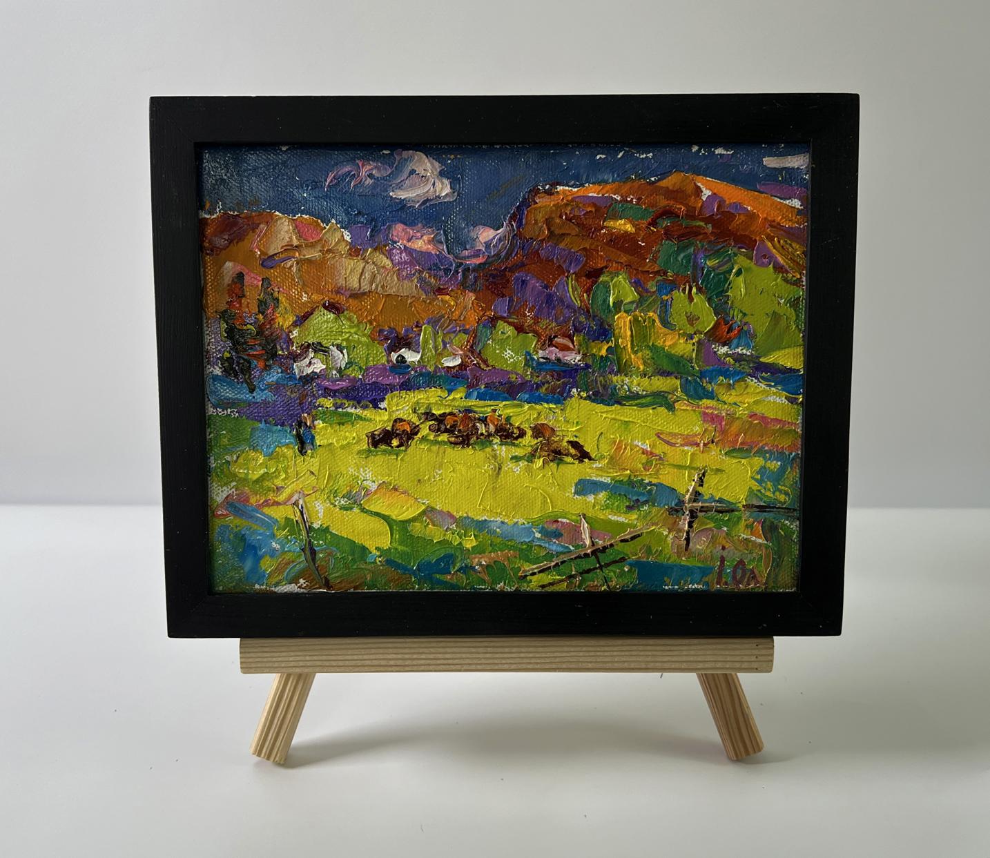 Oil painting Meadows near the mountains by Oleksiy Ivanyuk in black frame
