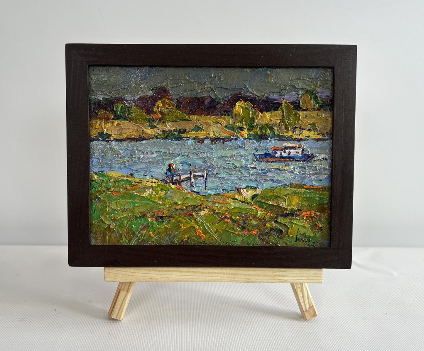 Oil painting Sailing on the River by Oleksiy Ivanyuk in dark wood frame
