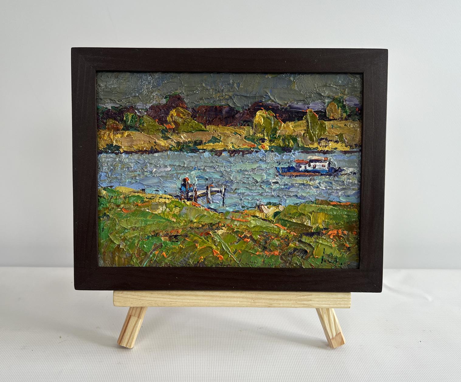 Oil painting Sailing on the River by Oleksiy Ivanyuk in dark wood frame