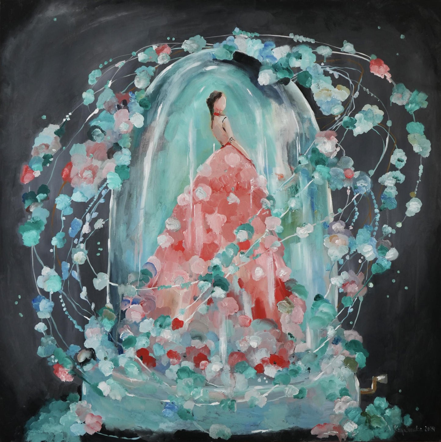 Oil painting Doll Victoria Kagalovska: woman in pink gown in floral dome