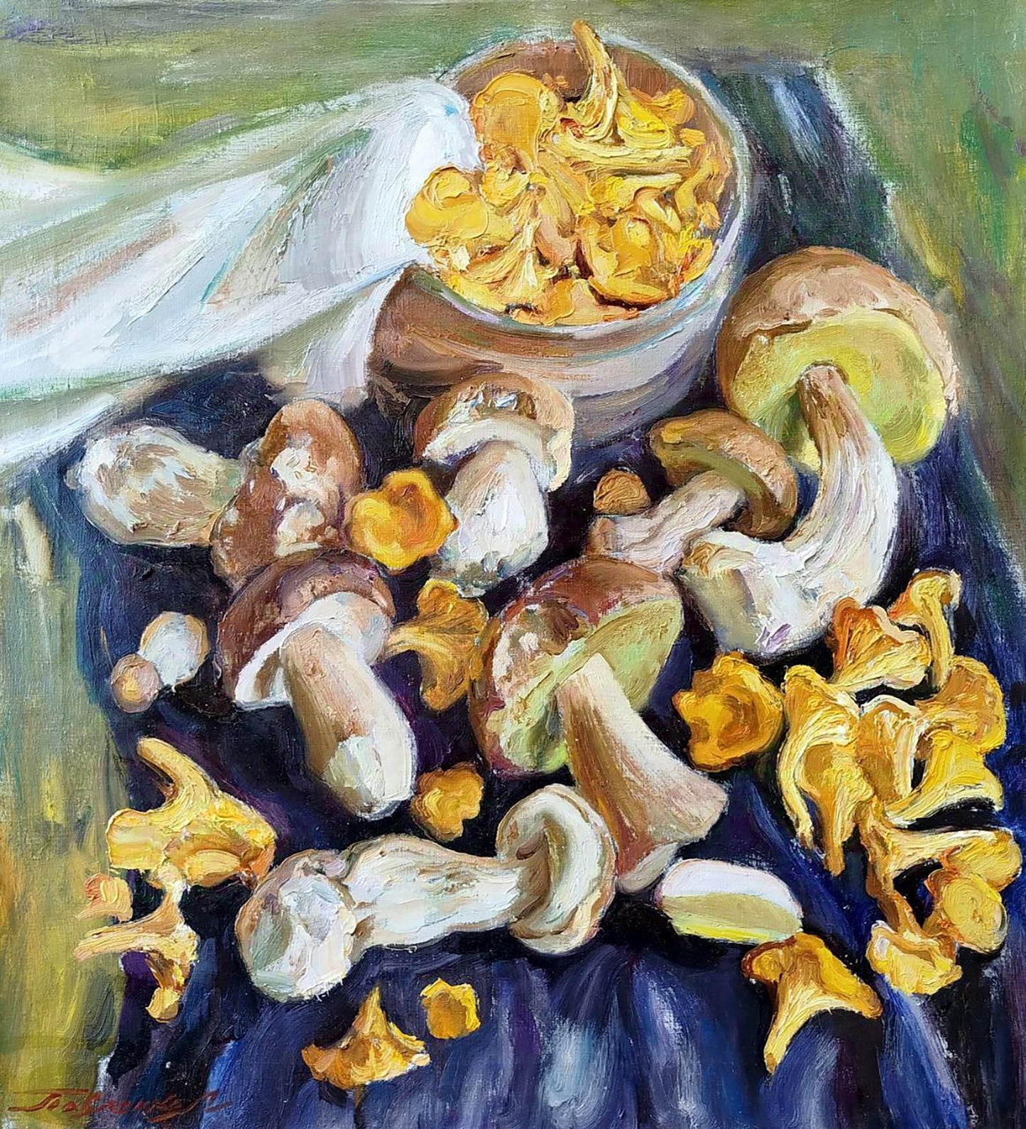 Oil painting of yellow white mushrooms by Leonid Pavlenko