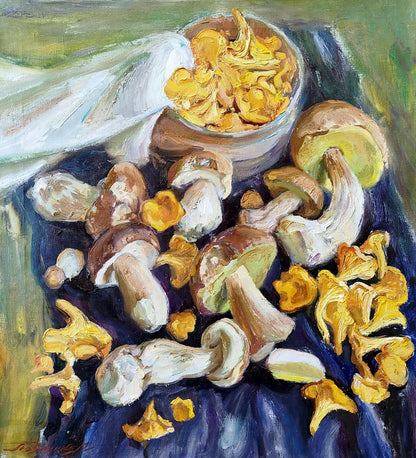 Oil painting of yellow white mushrooms by Leonid Pavlenko