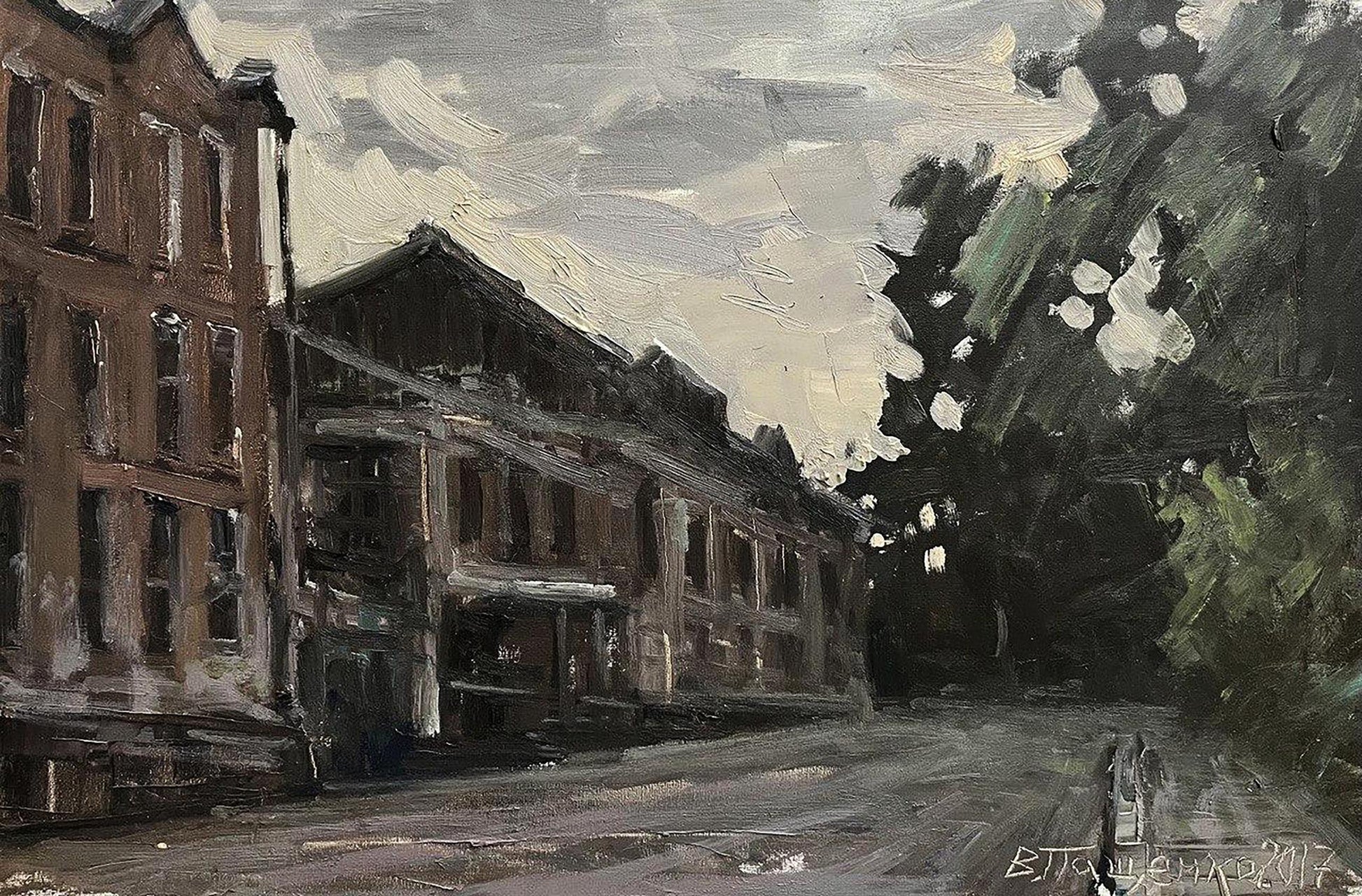 Oil painting Old town by Volodymyr Pashchenko moody brick building