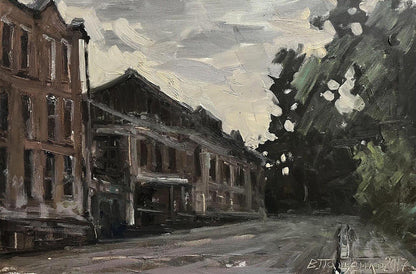 Oil painting Old town by Volodymyr Pashchenko moody brick building