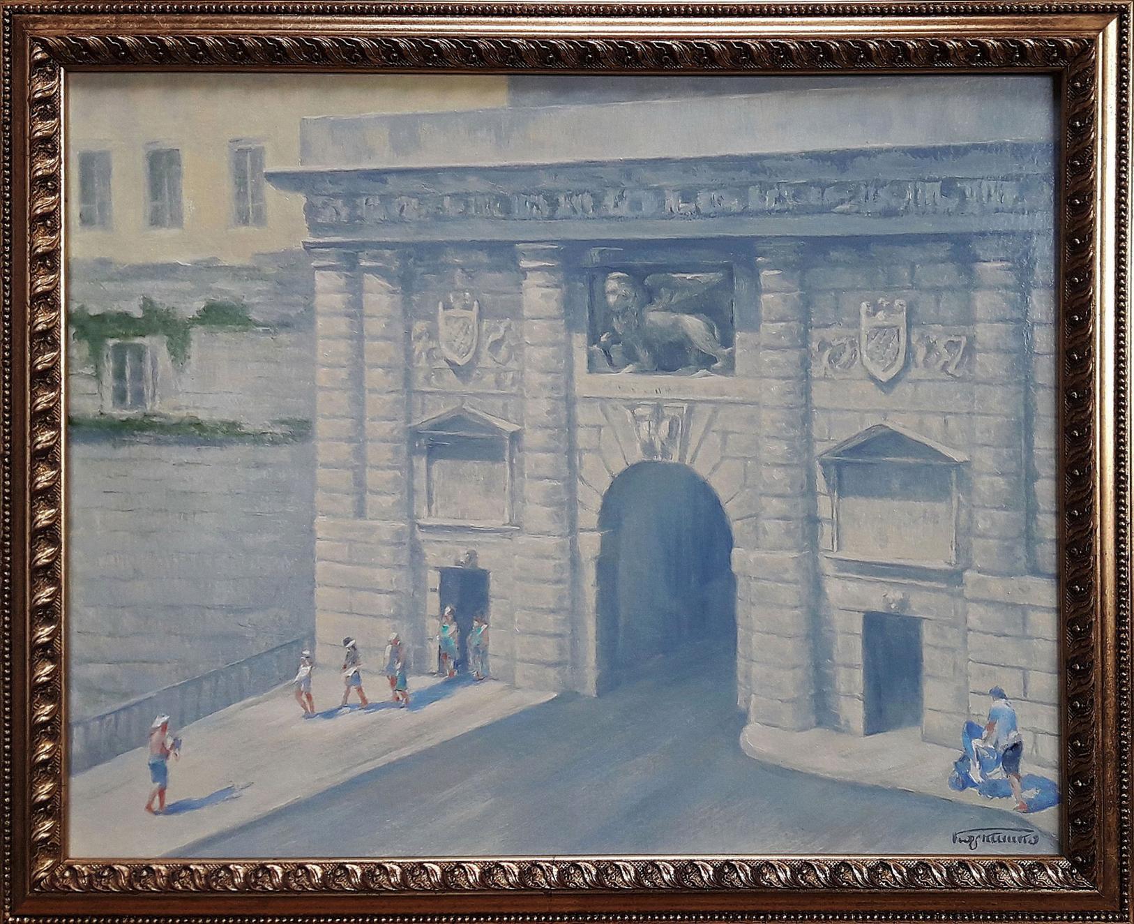 Oil painting Entering the city Vasily Korkishko with ornate frame and lion archway