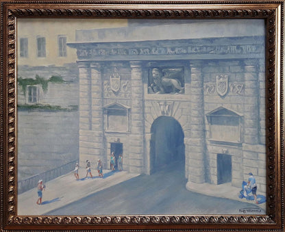 Oil painting Entering the city Vasily Korkishko with ornate frame and lion archway