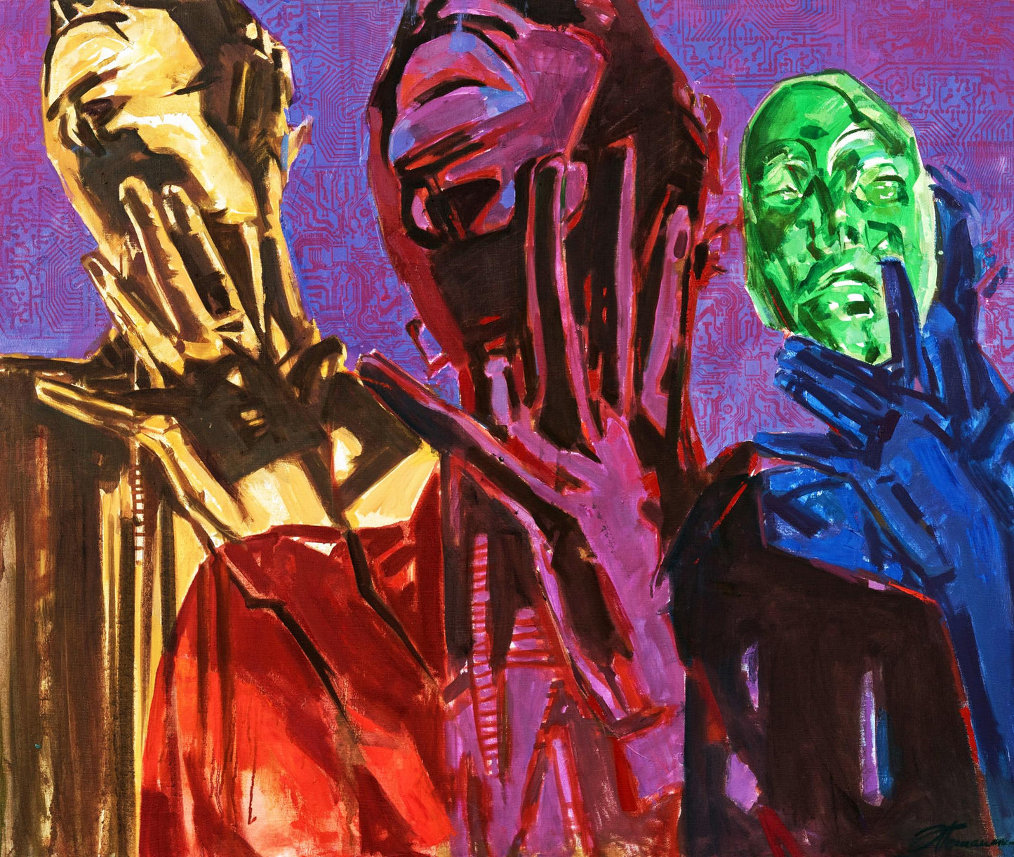 Vibrant Theater Ed Potapenkov acrylic painting with gold purple green figures