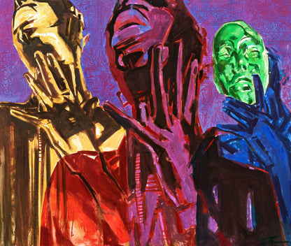 Vibrant Theater Ed Potapenkov acrylic painting with gold purple green figures