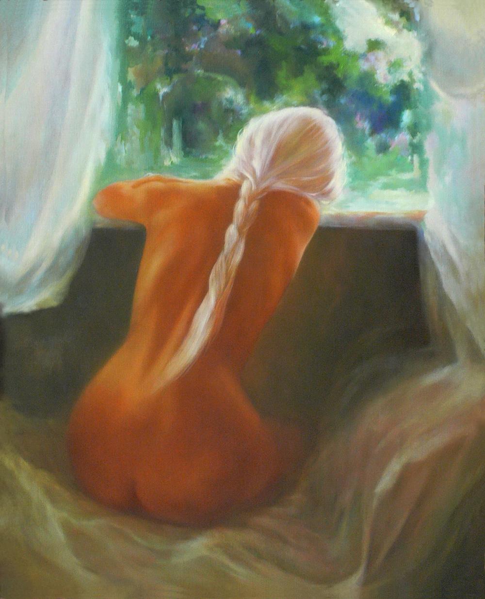 Back view oil painting portrait of female figure by Vasily Korkishko
