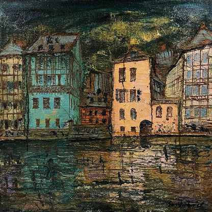 Oil painting Reincarnation by Serhiy Kovalev: colorful half-timbered buildings by river at dusk