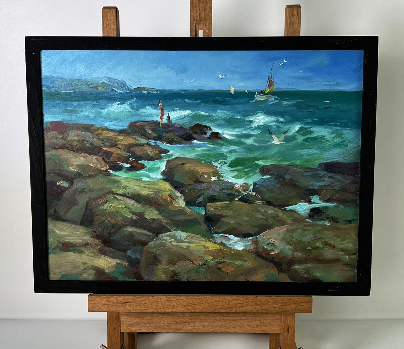 Oil painting Coastal sea waves by Yuriy Suprunchuk, turquoise waves and rocks