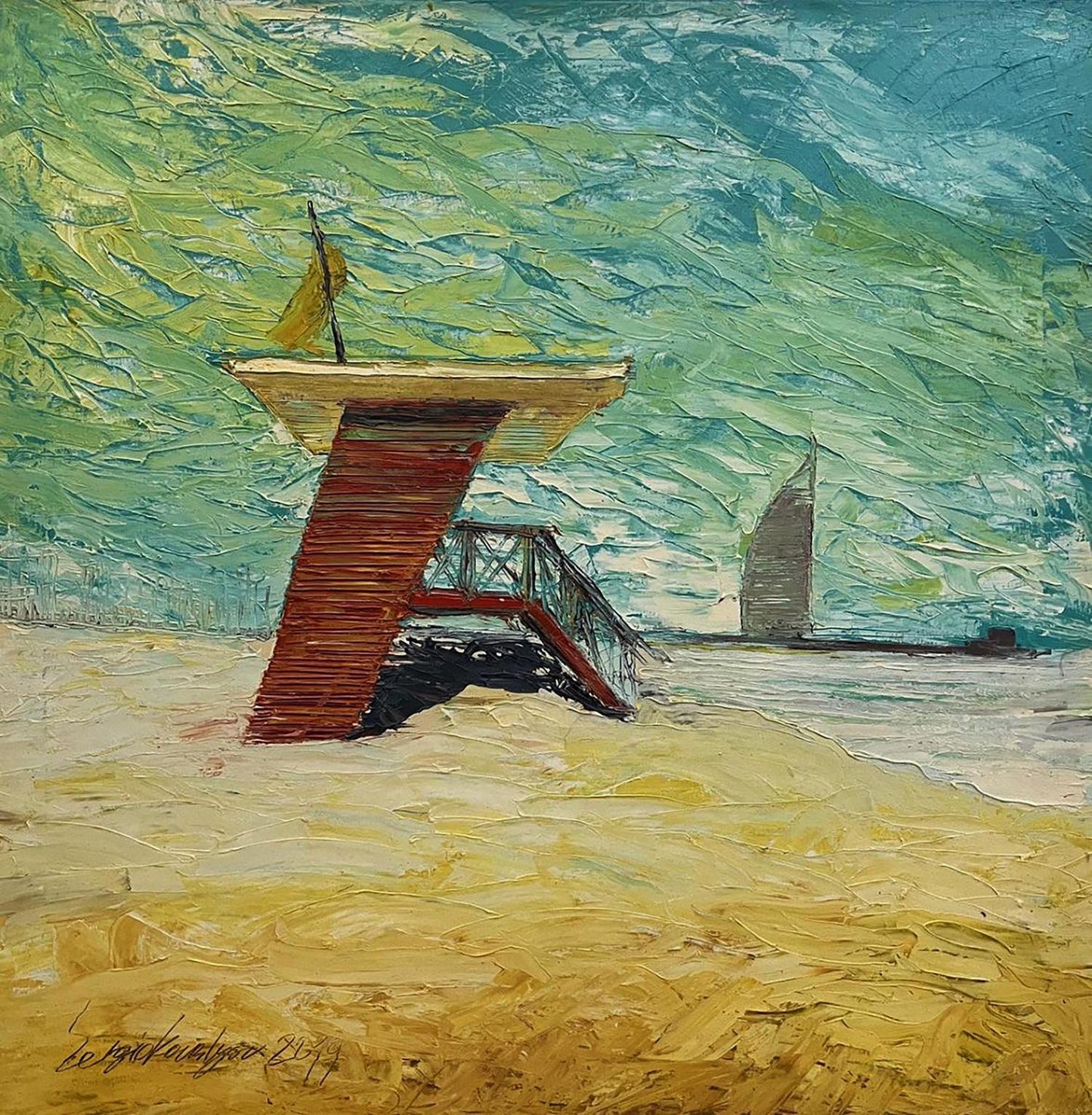 Oil painting of Praia de Golfo red yellow lifeguard tower by Serhiy Kovalev