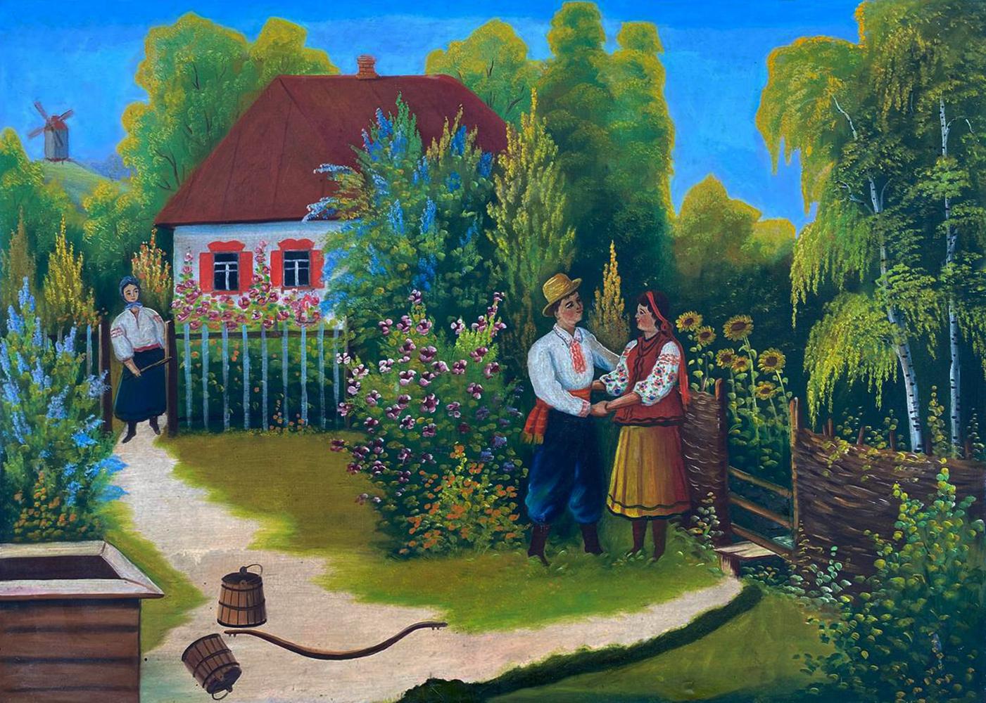 Vibrant oil painting of couple near bridge by unknown artist in lush greenery