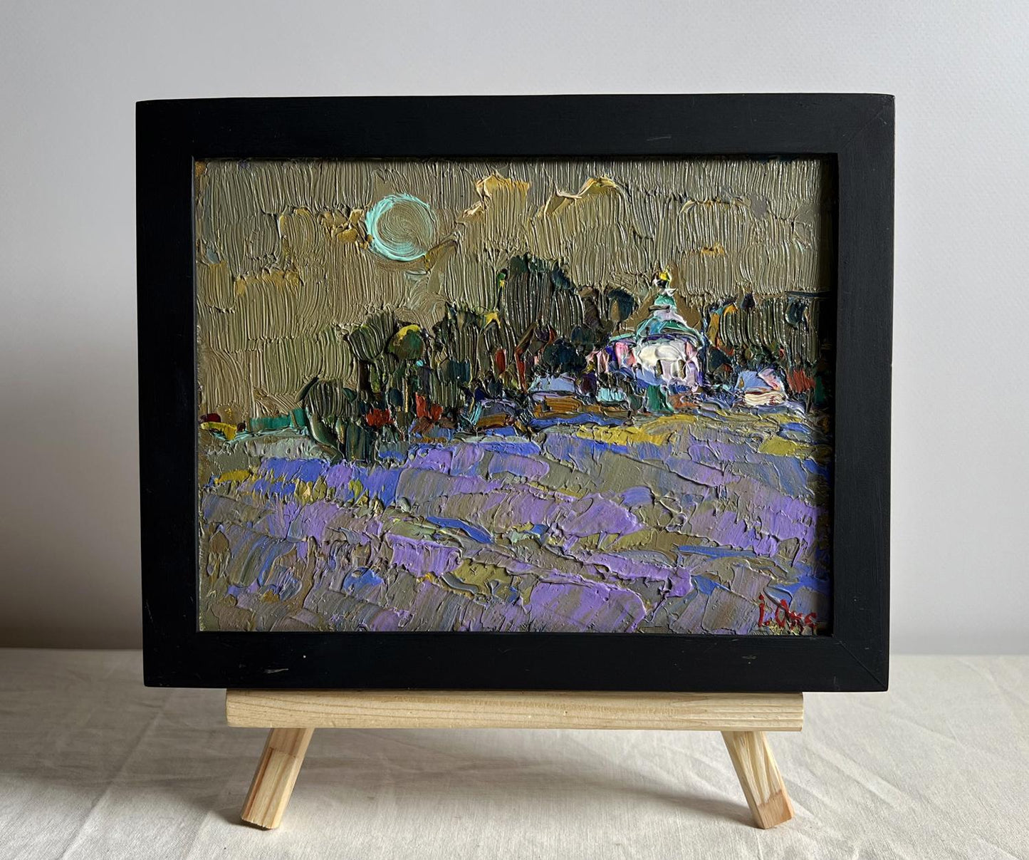 Oil painting Moonlit night in the village by Oksana Ivanyuk, purple fields and glowing moon