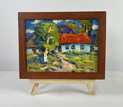 Vibrant impressionist oil painting of Oksana Ivanyuk village under summer in brown frame