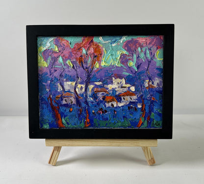 Oil painting Morning in the village by Oleksiy Ivanyuk in black frame