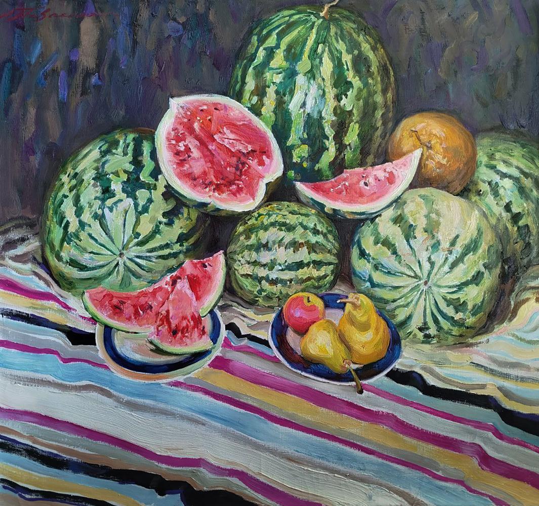 Oil painting of watermelons, pears and apples by Leonid Pavlenko