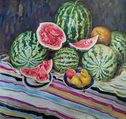 Oil painting of watermelons, pears and apples by Leonid Pavlenko