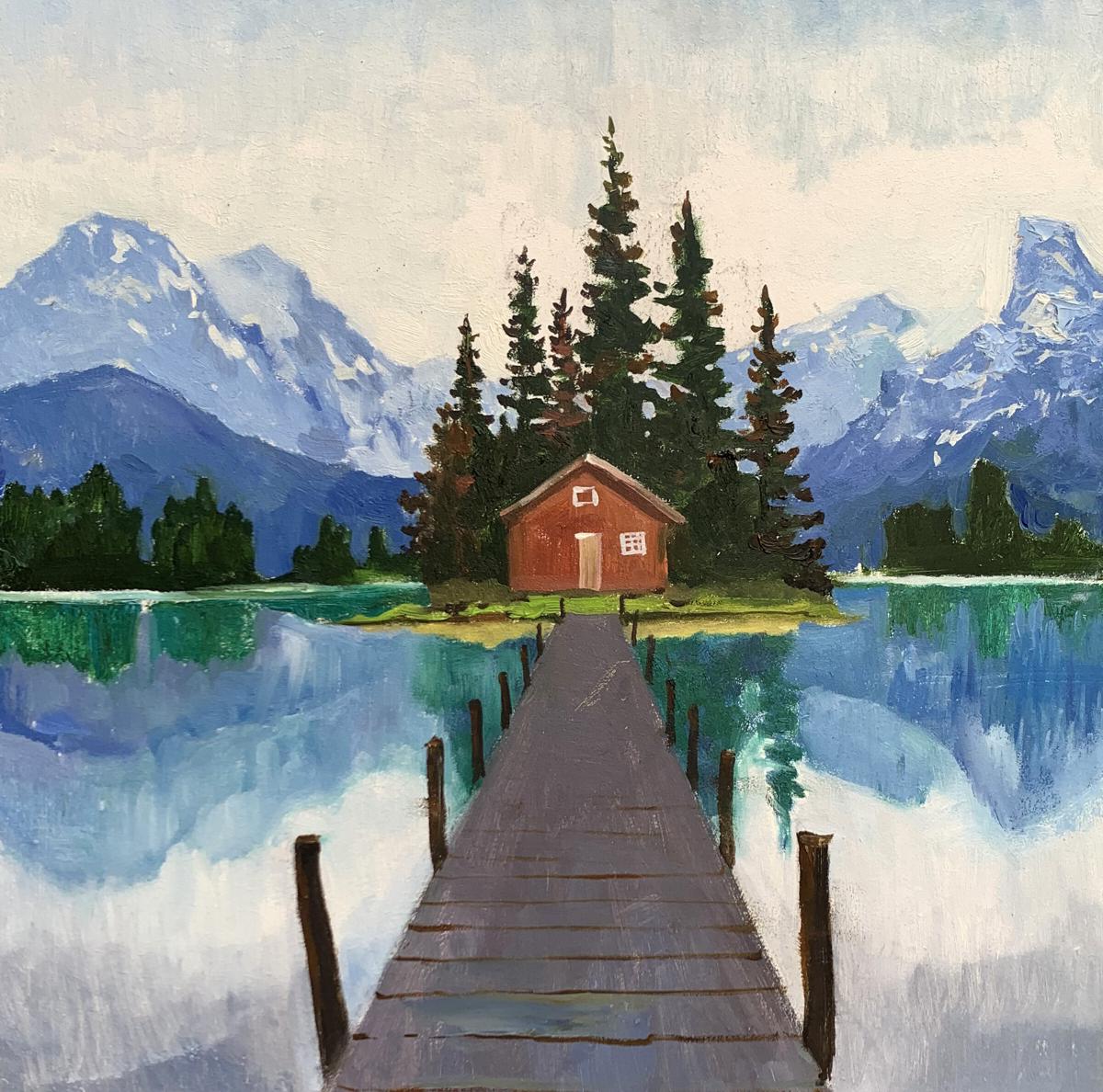 Oil painting by Tatyana Derdey: red cabin on lake island amid pines