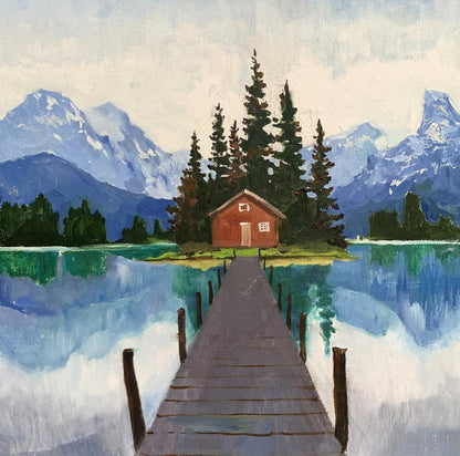 Oil painting by Tatyana Derdey: red cabin on lake island amid pines