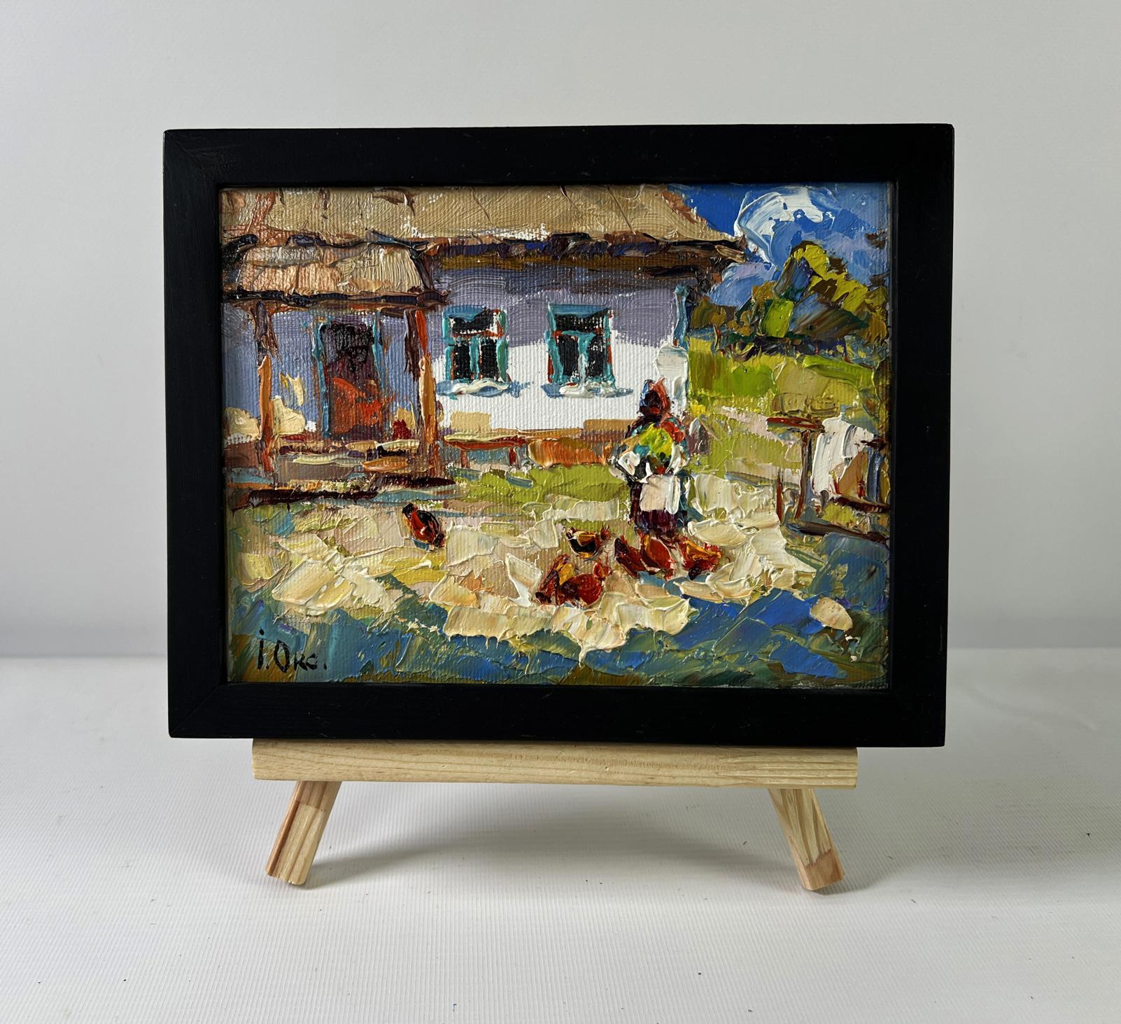 Oil painting Yard in August by Oksana Ivanyuk in black frame