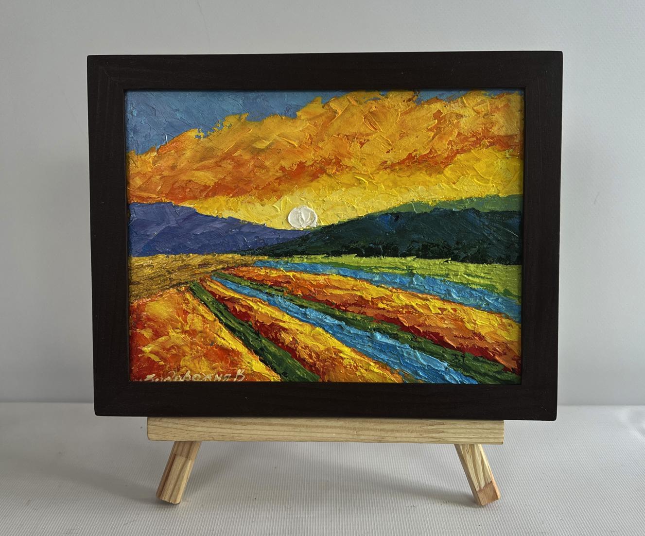 Vibrant oil painting Shades of fiery sunset by V. Zadorozhnya in black frame
