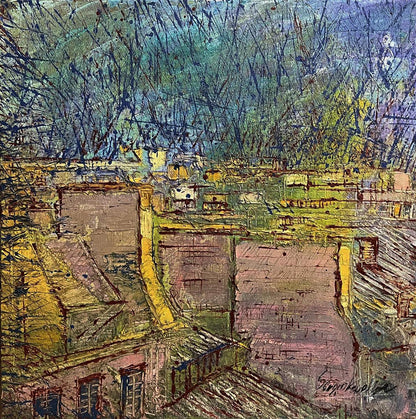Oil painting Lightening by Serhiy Kovalev: abstract townscape in earthy tones