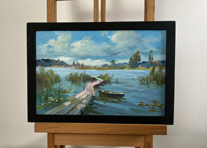 Oil painting Quiet Flow of the River by Yuriy Suprunchuk lakeside scene