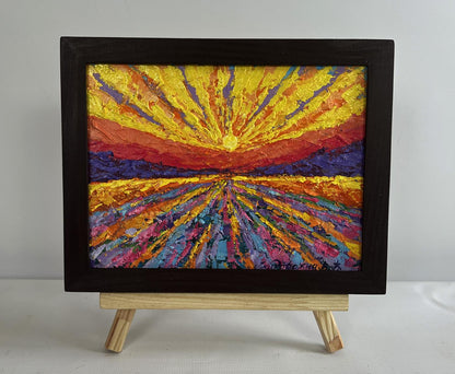 Oil painting Yellow rays of sunset V. Zadorozhnya vibrant sunset over fields