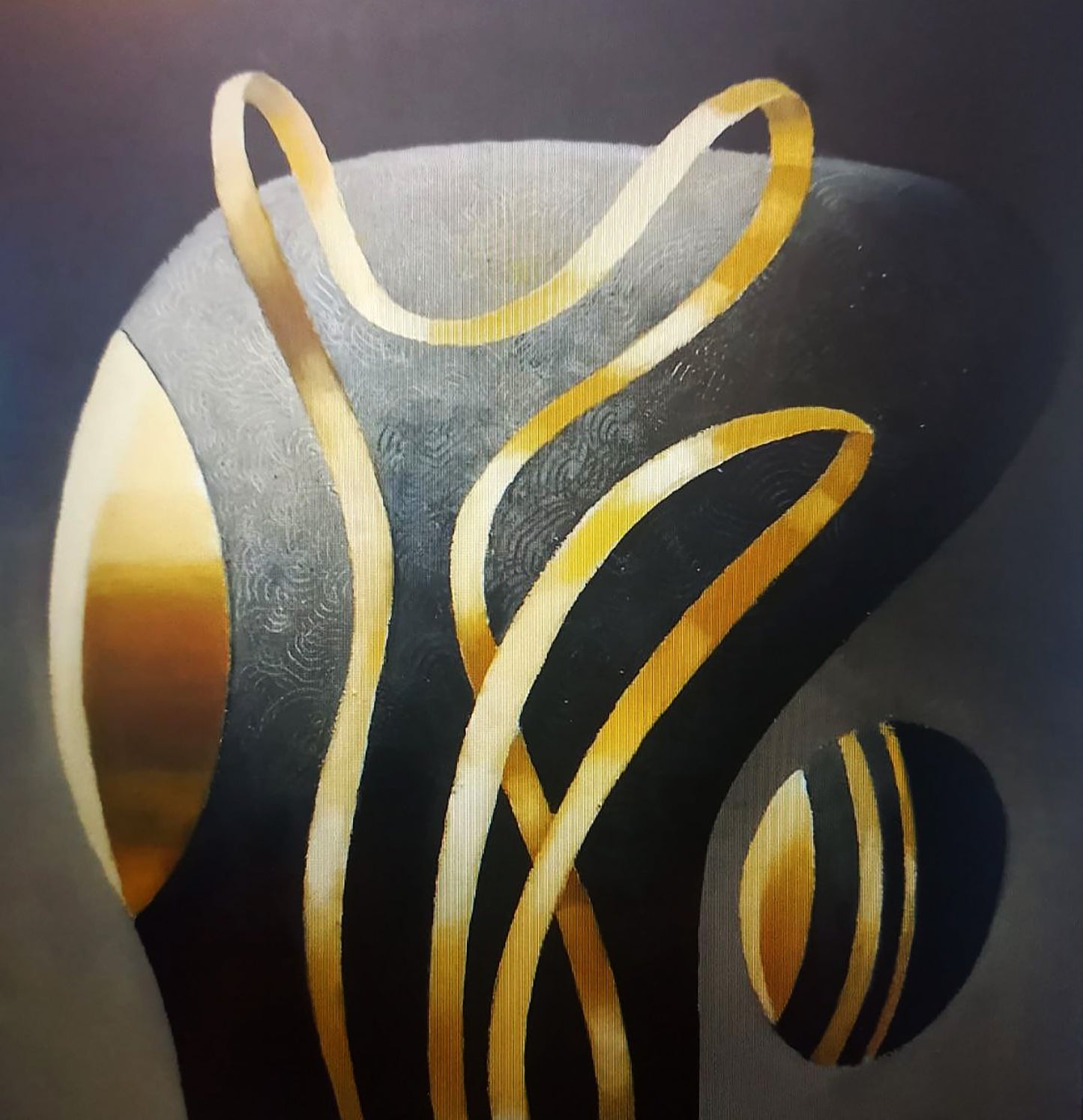 Oil painting Form with ribbon by Alexander Strashevich, golden lines on textured black gray background