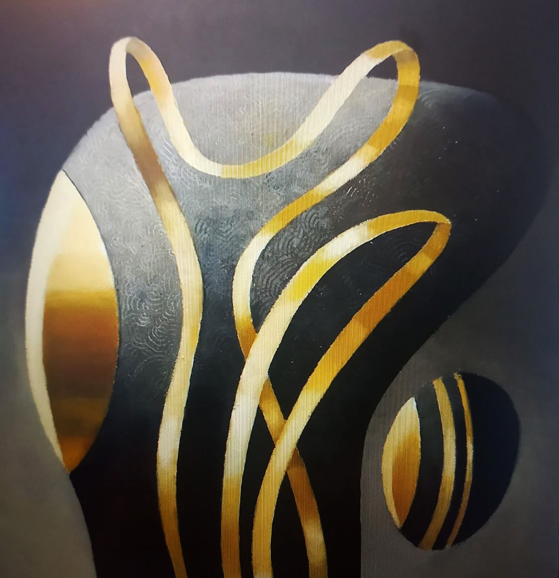 Oil painting Form with ribbon by Alexander Strashevich, golden lines on textured black gray background