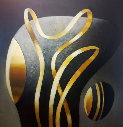 Oil painting Form with ribbon by Alexander Strashevich, golden lines on textured black gray background