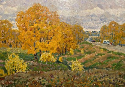 Oil painting Autumn by Georgy Kolosovsky: golden-yellow trees, cloudy sky