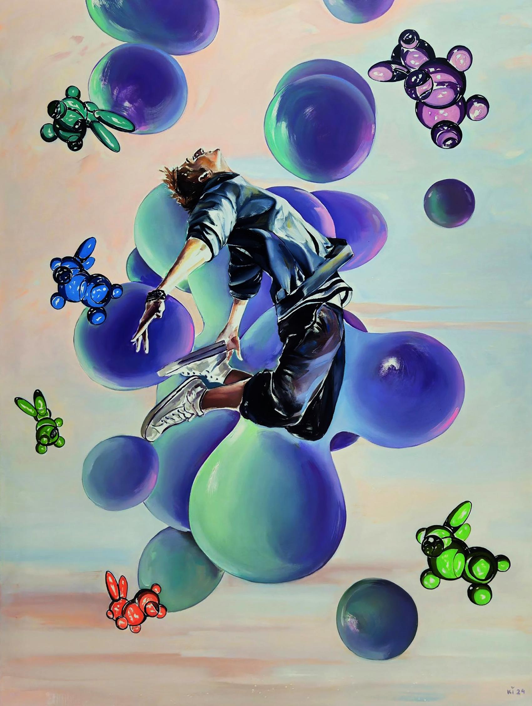 Vibrant oil painting of TikTok man jumping amid purple green balloons by Igor Konovalov