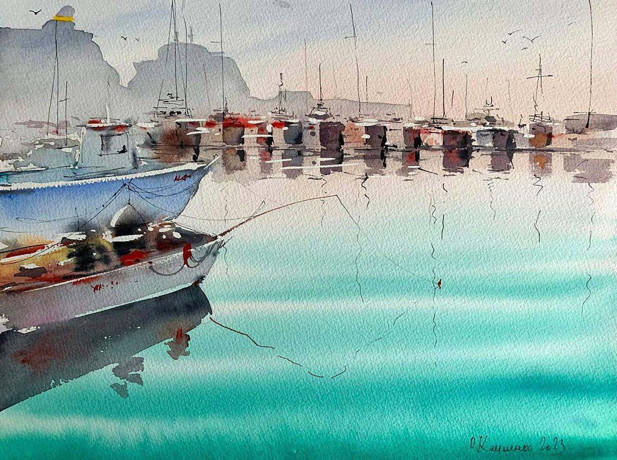 Watercolor painting Dock with Boats Olena Klimenko