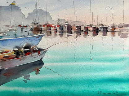 Watercolor painting Dock with Boats Olena Klimenko